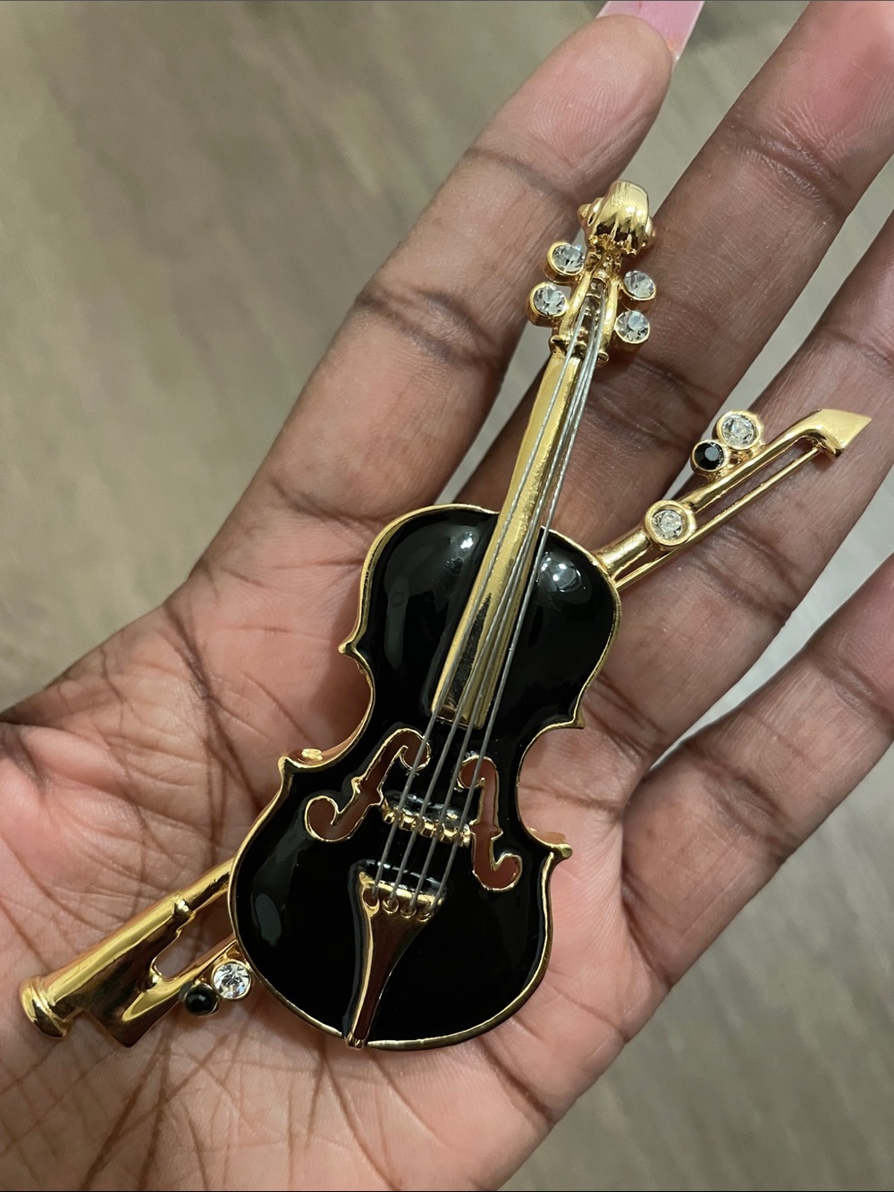 Gold-Tone Black Violin Brooch Pin with Crystal Accents - Women Jewelry